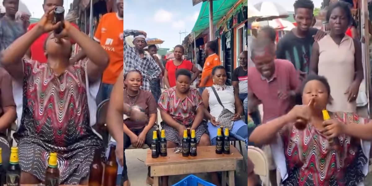 "The drunken master" - Nigerian woman wins ₦10,000 as she finishes 3 bottles of alcohol in less than 1 minute