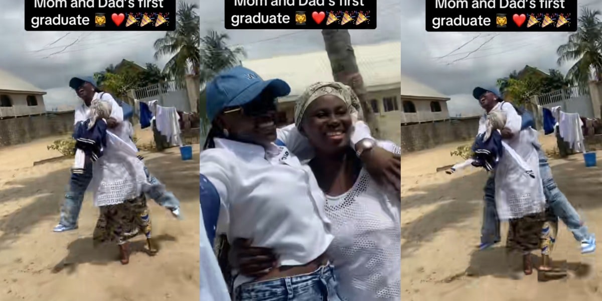 "Who will carry me like this?" - Lady's emotional hug with parents melts hearts online as she becomes family's first graduate