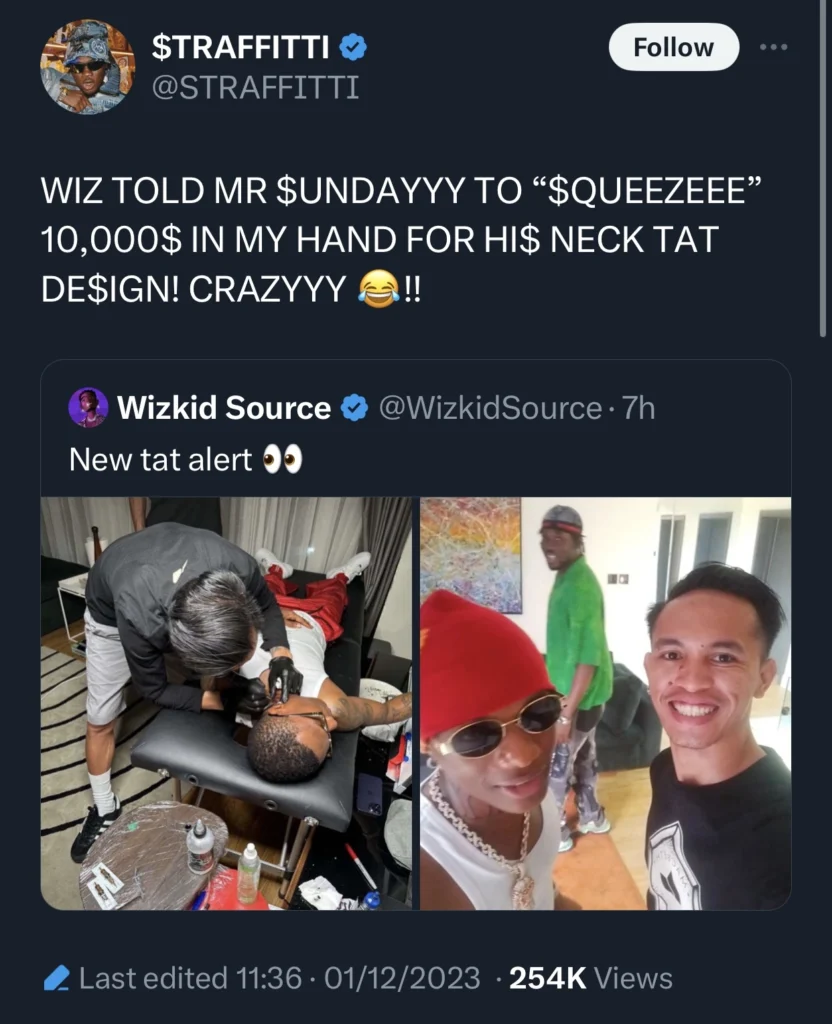 “You collect this money con draw nonsense” — Reactions as Wizkid tattoo artist claims he was paid 10 million Naira 