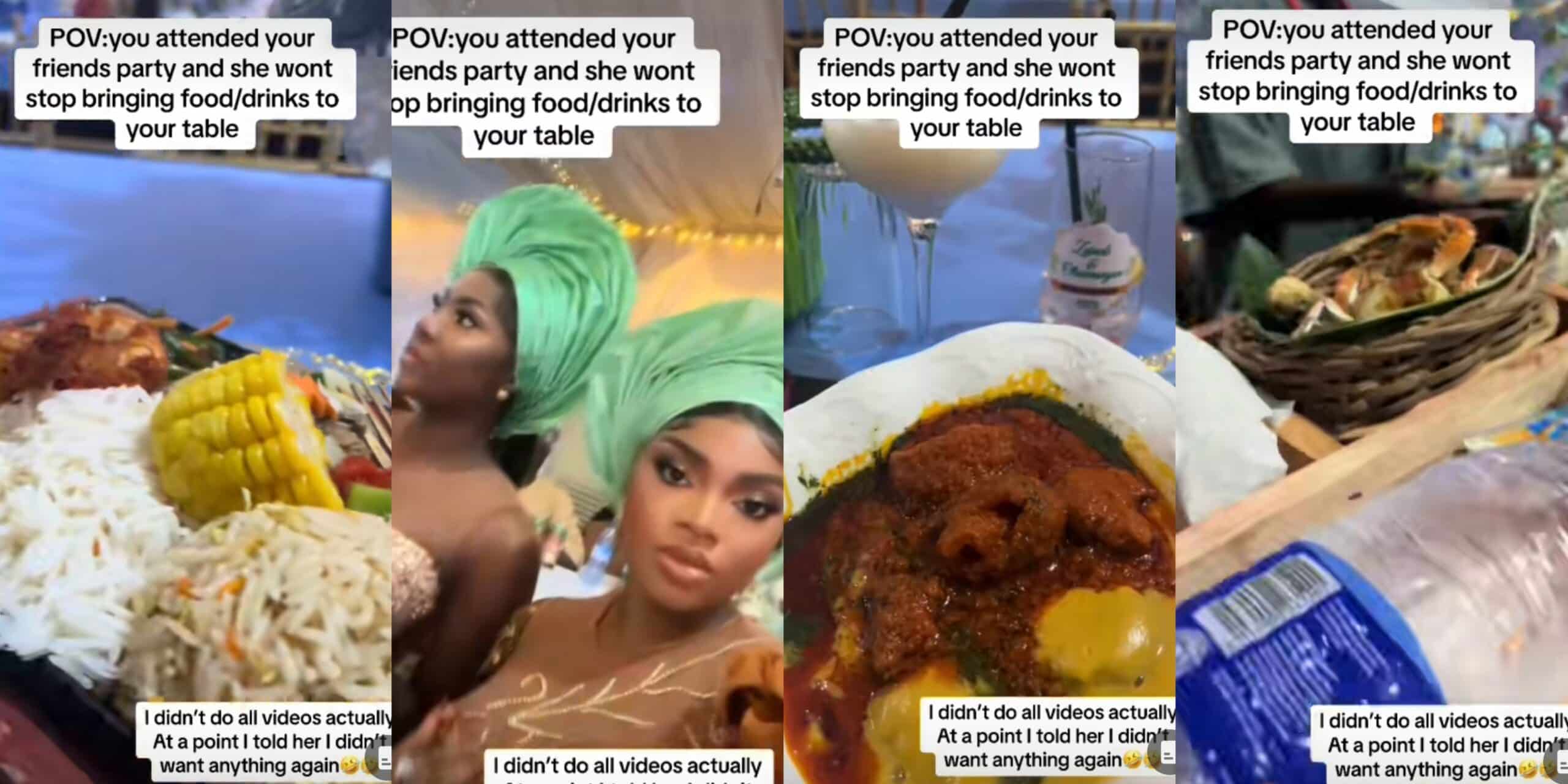 Lady overfed at party begs friend, servers to stop serving her food
