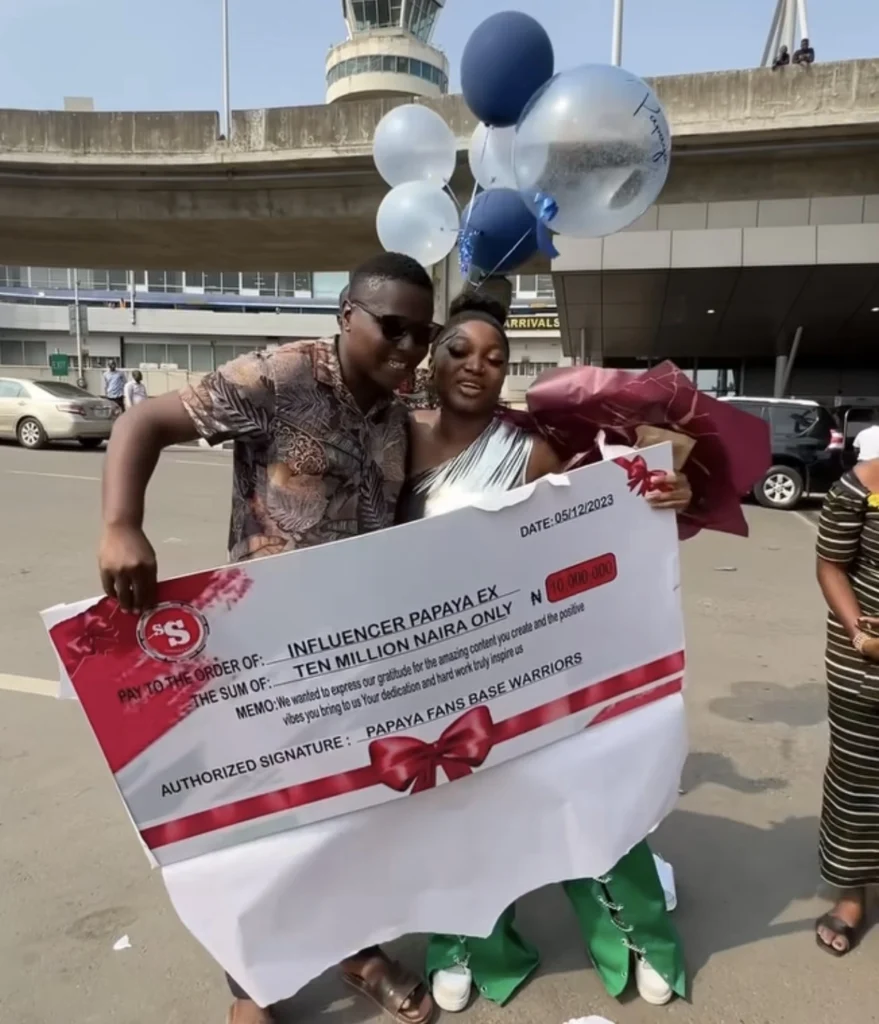 Fans of Papaya ex, Papaya FC gifts the influencer 10 Million Naira as she returns back to Nigeria from Dubai