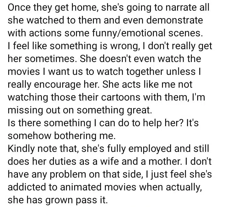 “Na last born you go marry” — Reactions as man cry out over his 37 year old wife watching too much cartoons 