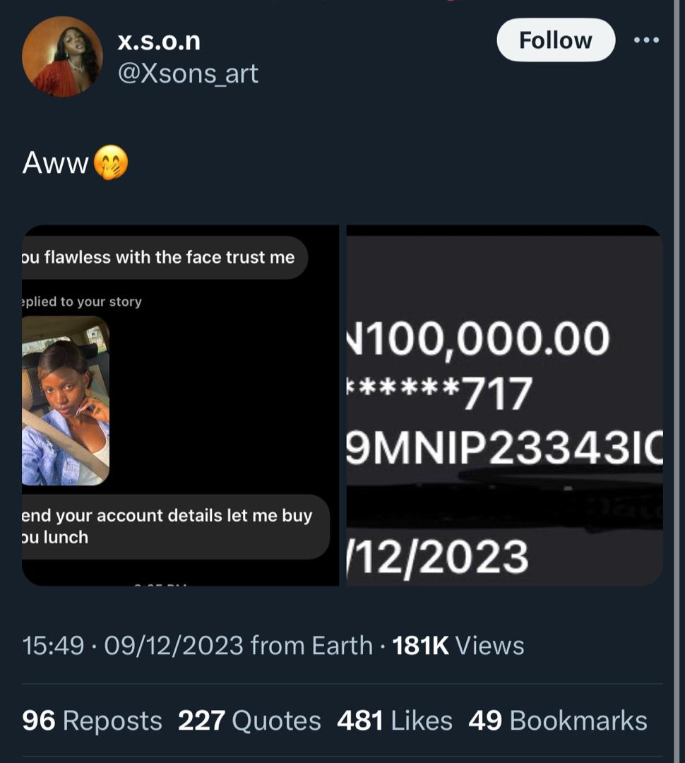 Lady receives N100K cash gift for having a flawless beauty