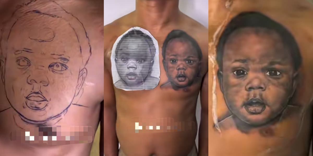 "You don do DNA?" - Nigerian dad raises eyebrows online as he inks handsome child's face onto his chest