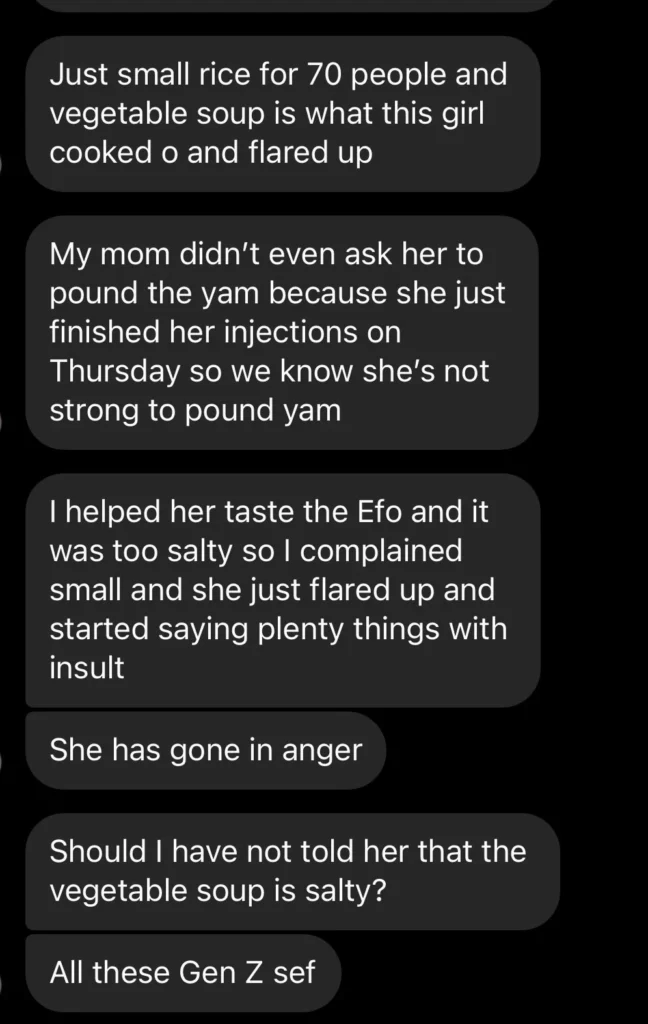 Man rants as his recovering fiancée complains after cooking food for ‘just’ 70 of his family members 