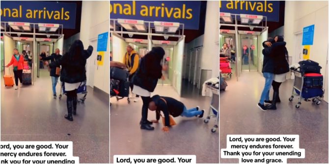 "I'll never forget this" - Lady melts her younger brother's heart as she relocates him to the UK; he prostrates for her at the Airport