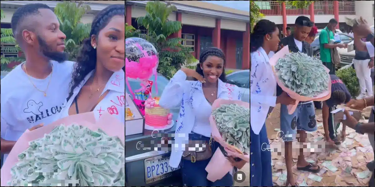Lady blushes as boyfriend showers her with money and gifts on sign out day