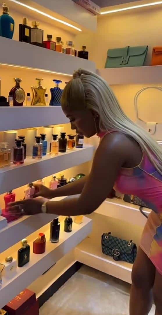 Mercy Eke flaunts her collection of perfumes worth millions of naira