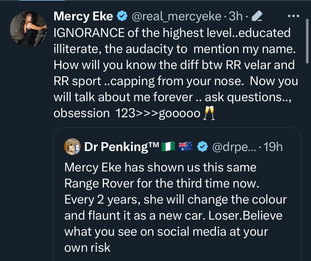 BBNaija star, Mercy Eke addresses the allegations of repainting her old SUV while revealing the difference between a Range Rover Velar and a Sports.