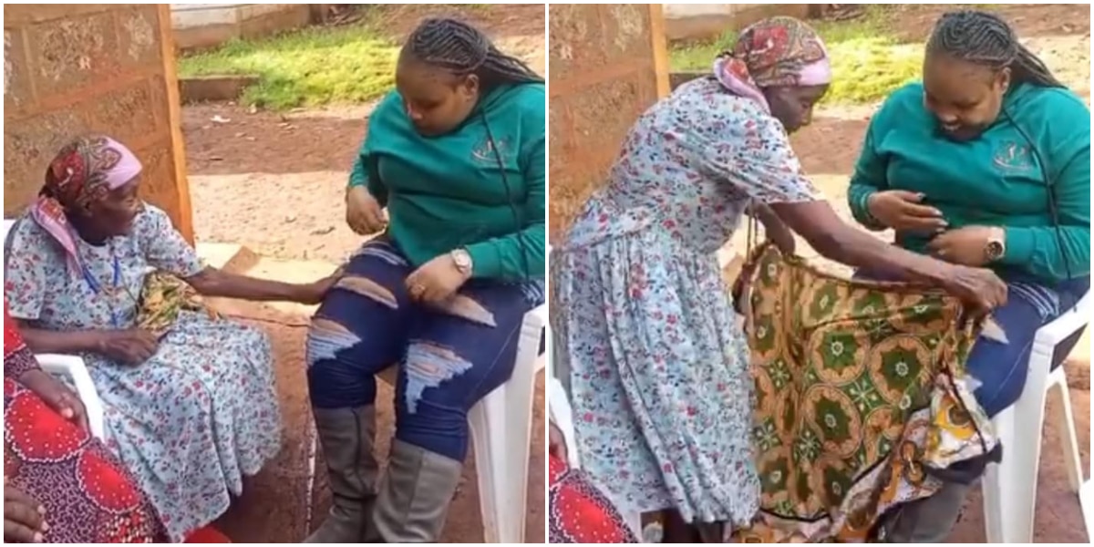 Photos of elderly woman covering lady's ripped jeans with wrapper cause buzz online