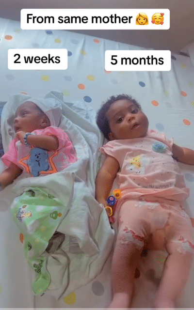 "Superfetation or Irish Twins?"- Nigerian woman stuns many with rare birth of babies; one 5 months old and other 2 weeks old