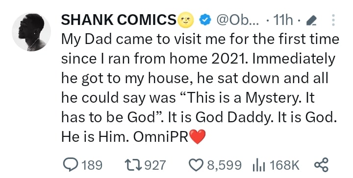 Shank shares his dad's reaction at seeing his house after he ran away from home in 2021