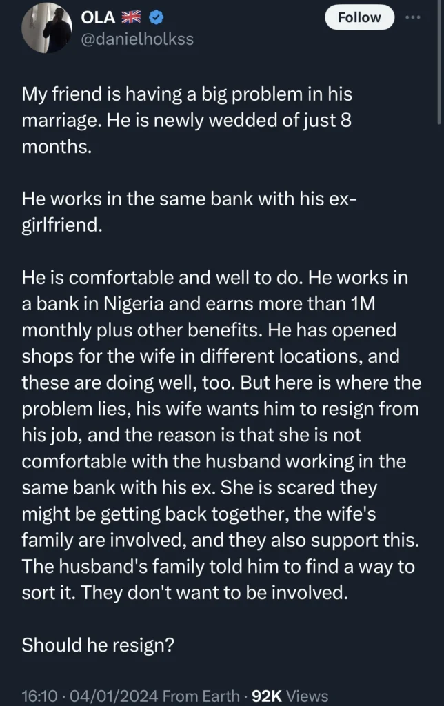 New husband in a dilemma as wife asks him to quit banking job because his ex-girlfriend works there 