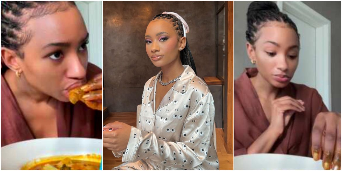 "It's like nothing have ever had" - Mer Eazi's wife, Temi Otedola tries Ghanaian fufu and palm nut soup